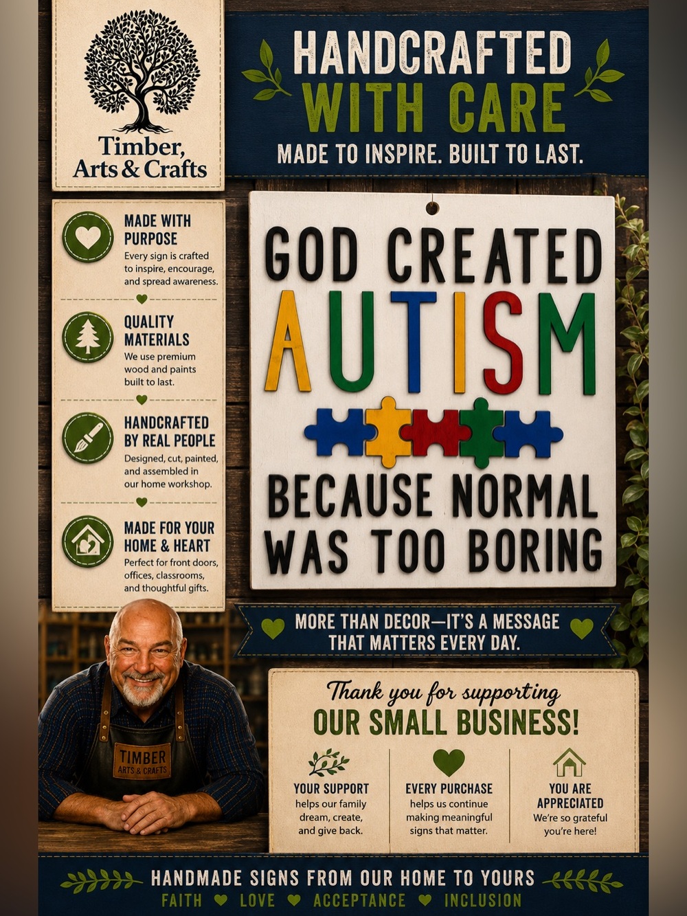 Autism Wood “GOD CREATED AUTISM
BECAUSE NORMAL WAS TOO BORING” Door Hang…
